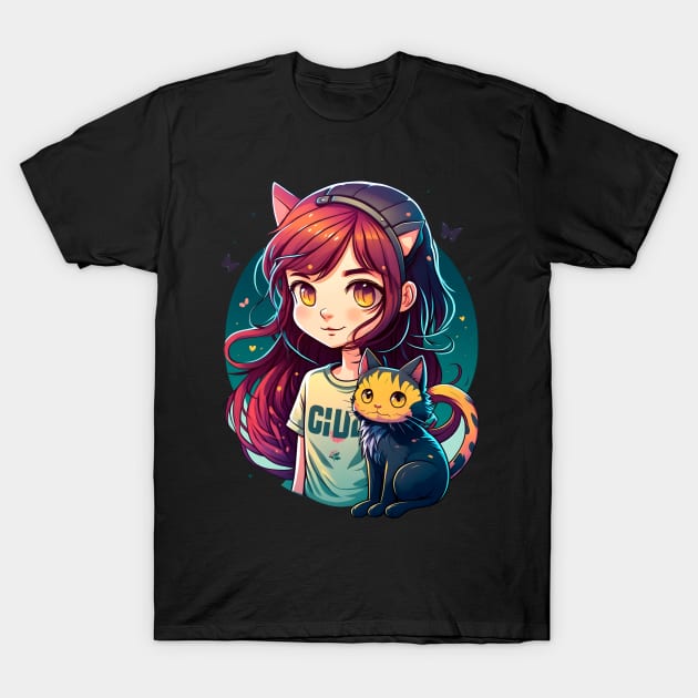 Girl & Cat Kawaii Anime Retro Cat Lover T-Shirt by Ai Wanderer